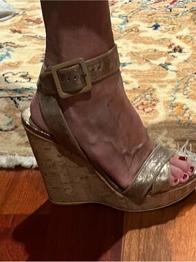 Stuart Weitzman Metallic Gold Cork Wedge Sandals with Ankle Buckle